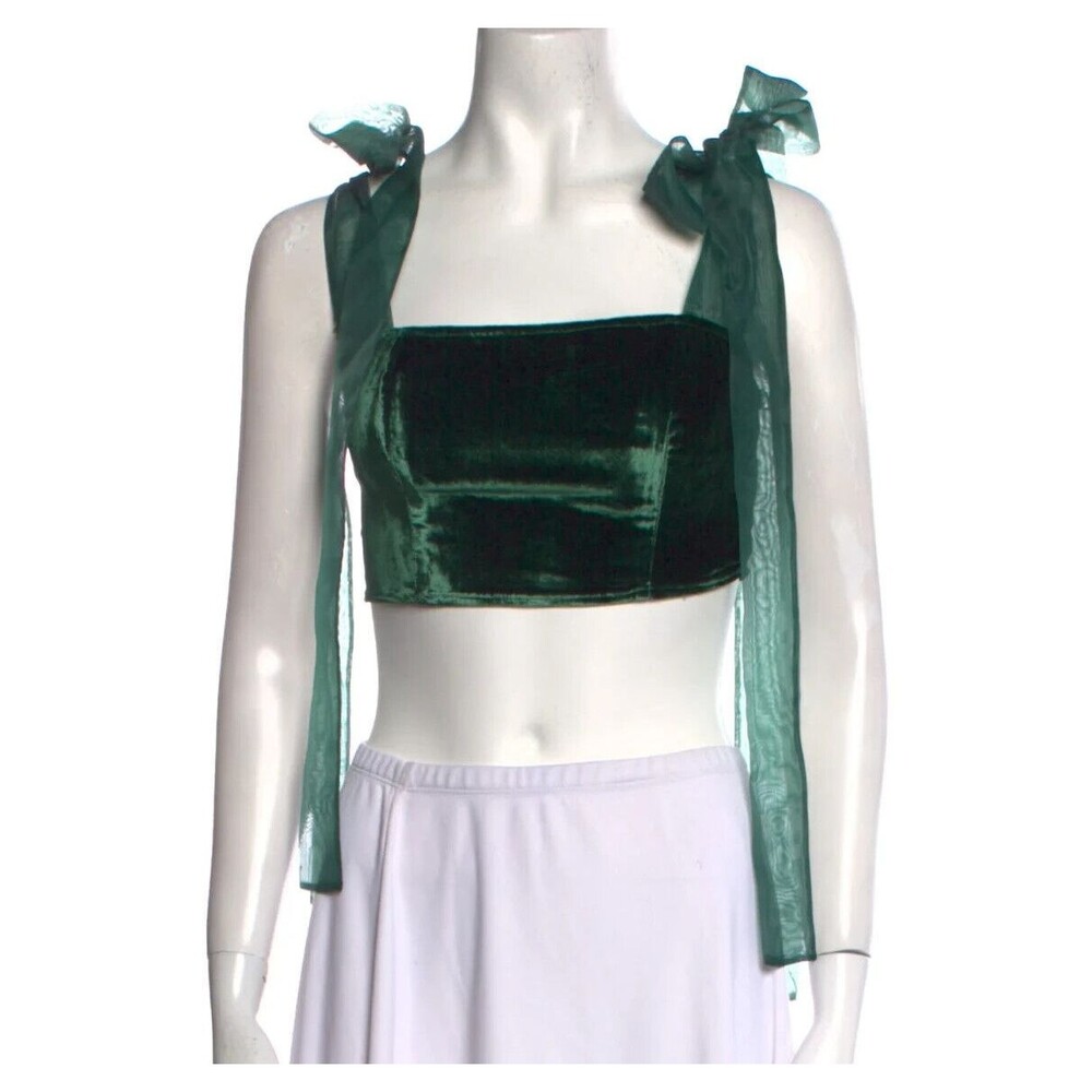 REFORMATION Green Velvet Square Neckline Sleeveless Crop Top